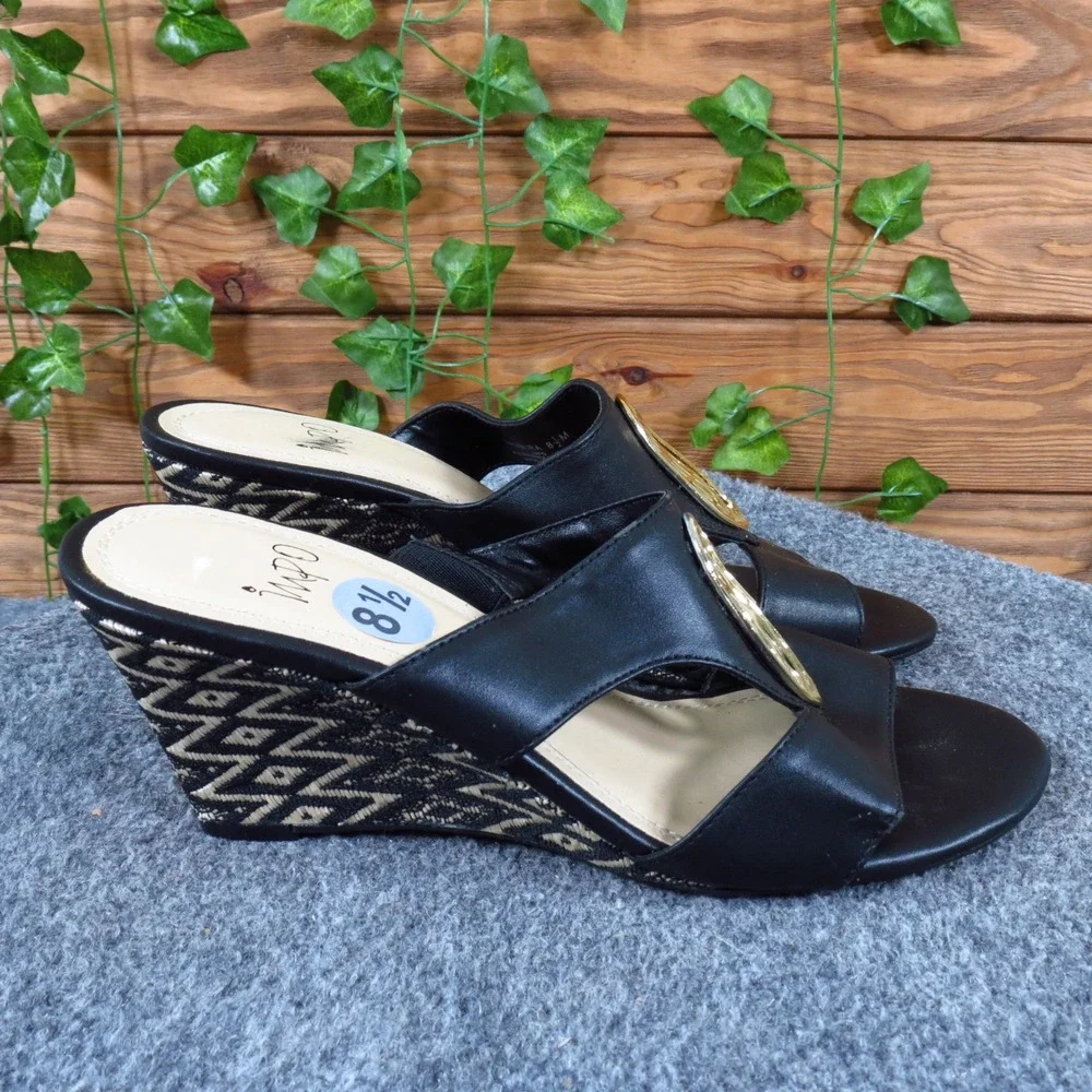 Impo Valmira Women Wedge Sandals Size 8.5 M Dressy Summer Black Gold Hardware